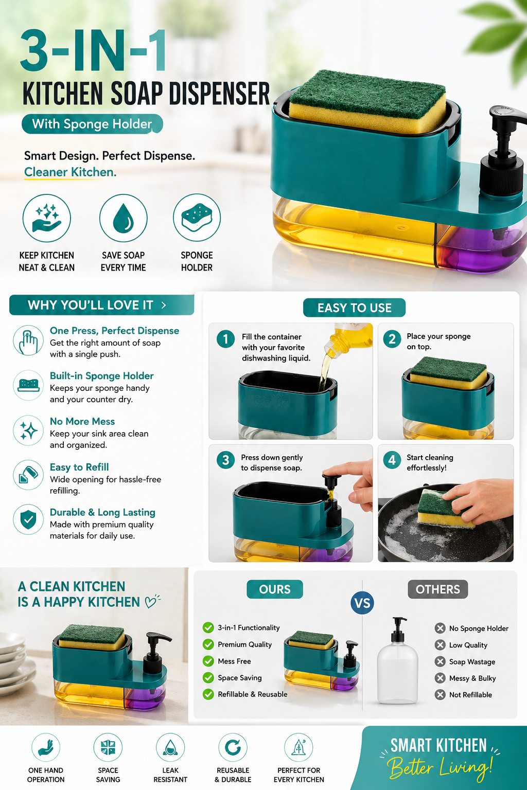 3-in-1 Kitchen Soap Dispenser with Sponge Holder | One Press Soap Pump for Easy Dishwashing