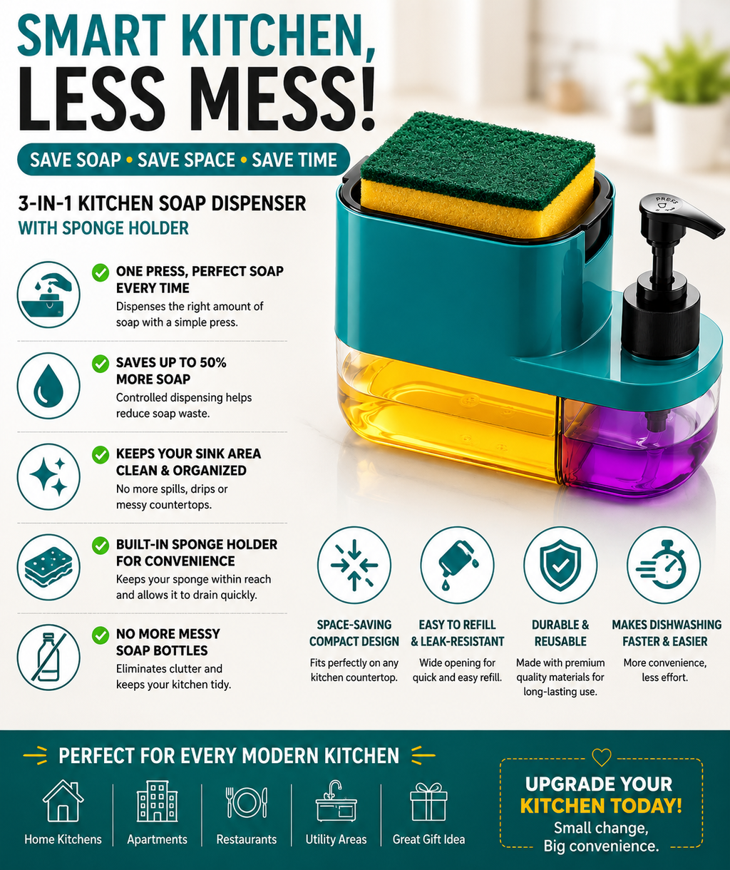 3-in-1 Kitchen Soap Dispenser with Sponge Holder | One Press Soap Pump for Easy Dishwashing