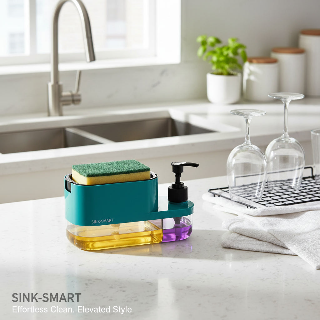 3-in-1 Kitchen Soap Dispenser with Sponge Holder | One Press Soap Pump for Easy Dishwashing